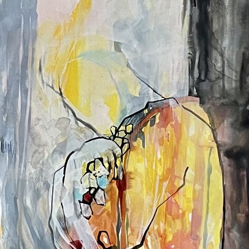 a brightly coloured standing figure holding on tightly to an armful of coloured shapes 