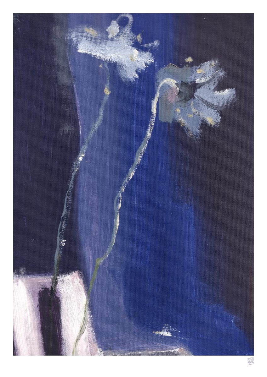 Two Flowers, very simply painted on a rich dark blue to lighter purplish hues and whites