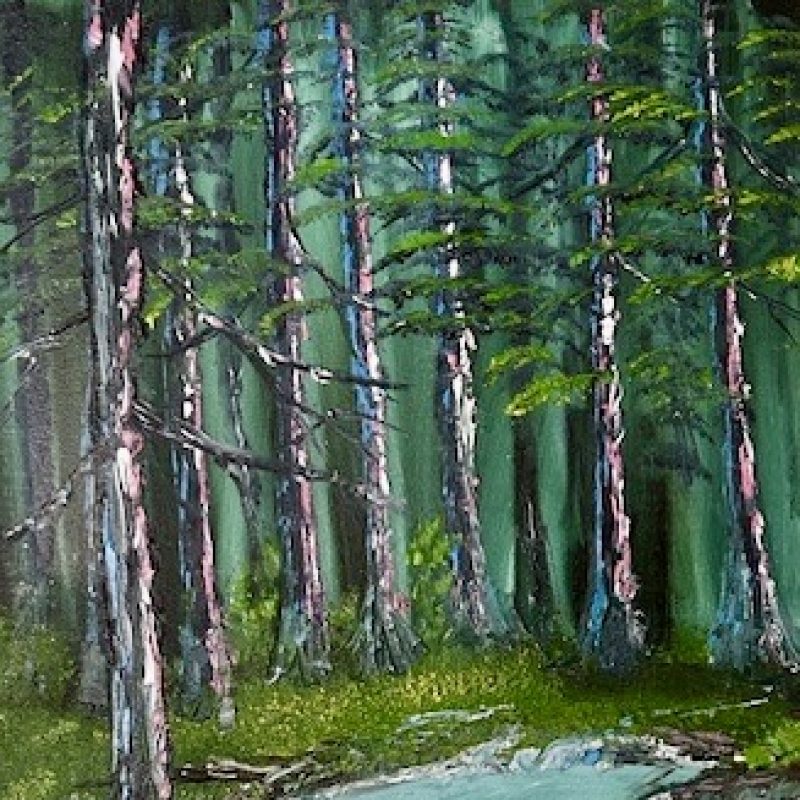 Nature scene looking through a forest with green grass and a river.