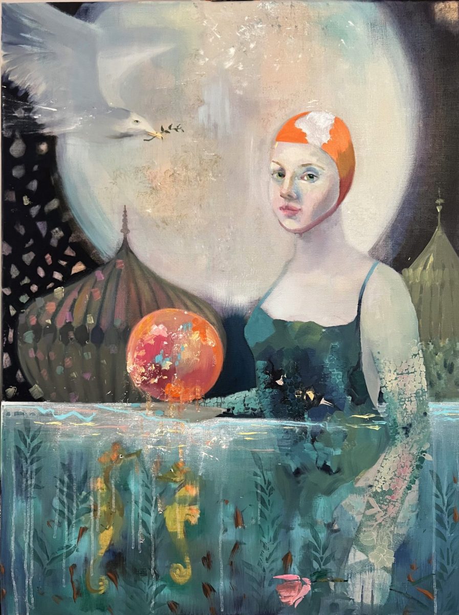 In blues silver and orange an ethereal woman stands waist deep in the sea framed by a super moon, holding a flaming orb a seagull passes overhead bearing an olive branch. This fantasy piece invites the viewer to interpret their own story or meaning. Highly decorative. 