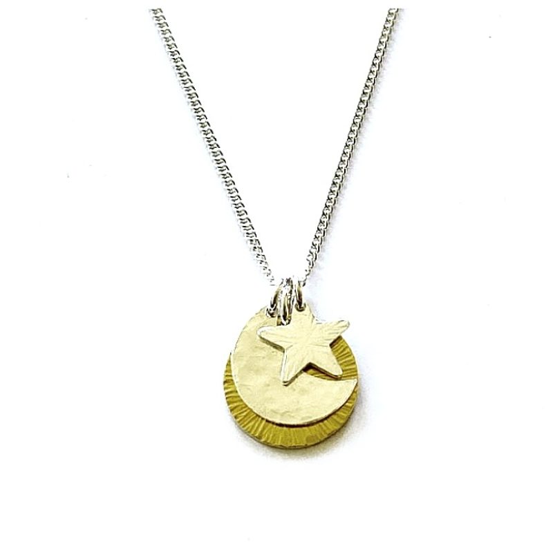 Golden Sun with moon and then star in the top attached to a silver chain necklace