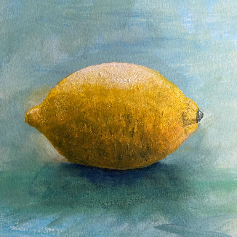 Oil painting of light on a single lemon on a teal/turquoise background