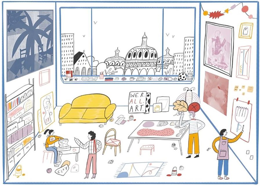 Illustration of Artists working in studios.