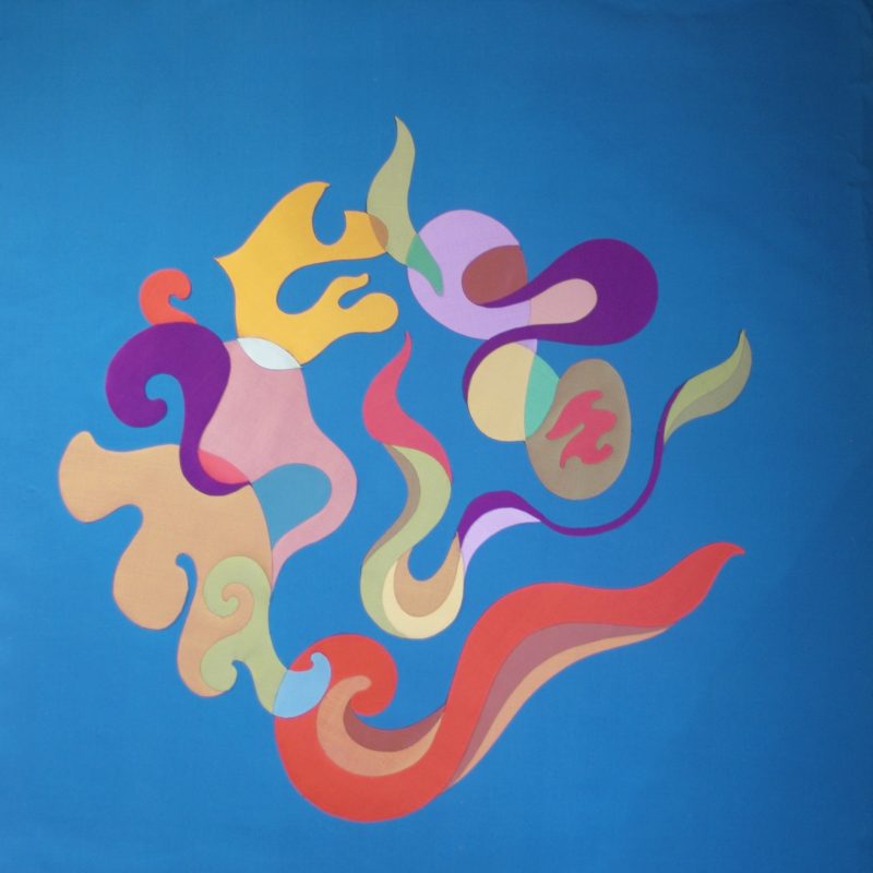 Abstract Silk Applique square with blue, orange, red and purple colourways