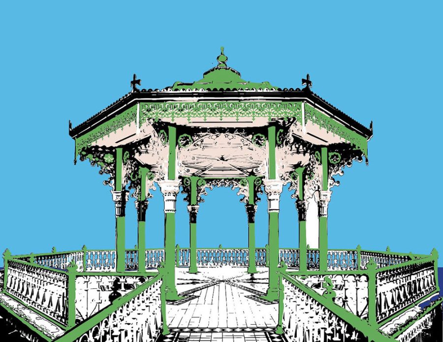 A bright and bold illustration of the Victorian Bandstand on Brighton seafront.