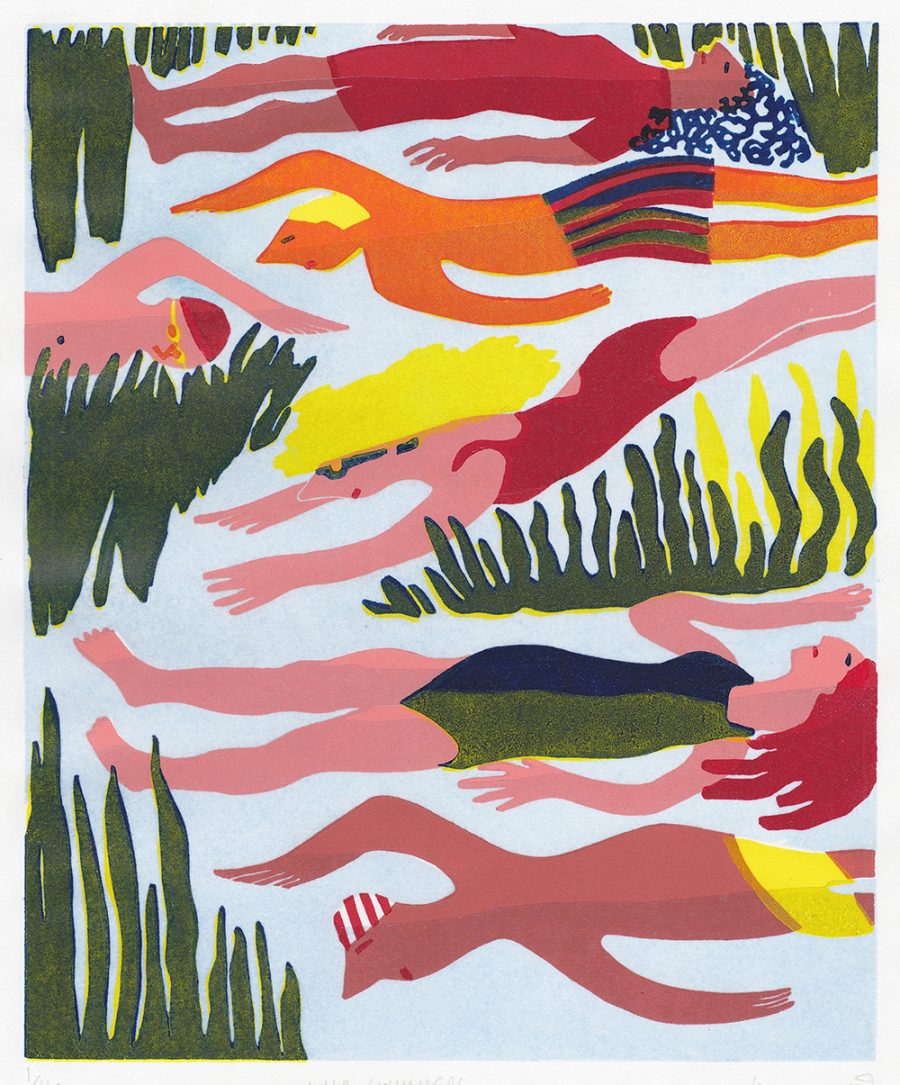 A colourful linocut print of a swimmers in water with plant life