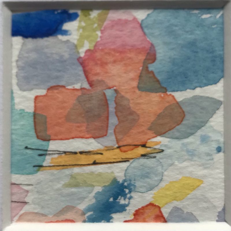 Small square colourful drawing with pen, gouache  and watercolour containing abstract marks and pattern on white paper surrounded by large mount