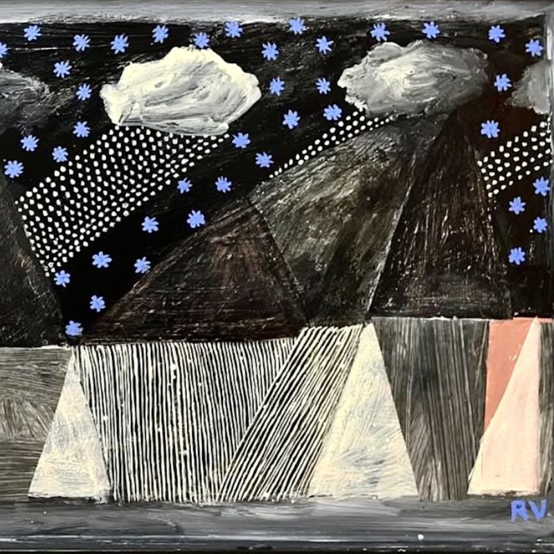 A small naive painting of a white cloud on a black background, concertina-like shapes falling earthbound from its base. A red dotted moon looks on accompanied by splashes of stars.