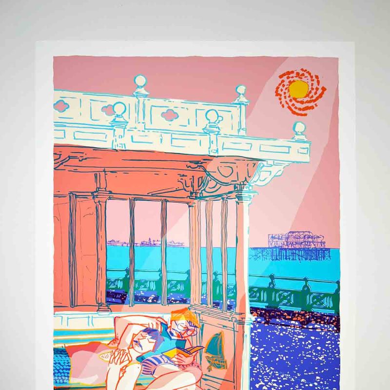 This print portrays the charm of a Victorian Shelter along Brighton and Hove’s seafront. The shelter is brimming with intricate details, from the wrought-iron designs, including the distinctive Hove Ship emblem, to the tall columns and glazed panels framing the expansive sea view. Two people sit on the benches, basking in the sunlight that filters through the windows. Above, a canopy held by ornate brackets adds grace to the structure, while a parapet with quatrefoil cut-outs and finials tops off the elegant design. Surrounding the scene are the Victorian railings, the remnants of the West Pier, and the bright midday sun. The Hove Ship The Hove Ship, seen in the ironwork of Hove’s Victorian shelters, represents a 16th-century French galley, marking the French attacks on Hove’s coast during that time. Hove’s original coat of arms, granted in 1899, featured this ship, grounded on a shingle beach, as a reminder of the 16th-century French raids. When Brighton and Hove were united in 1997, the ship was kept in the new coat of arms, preserving its historical significance.