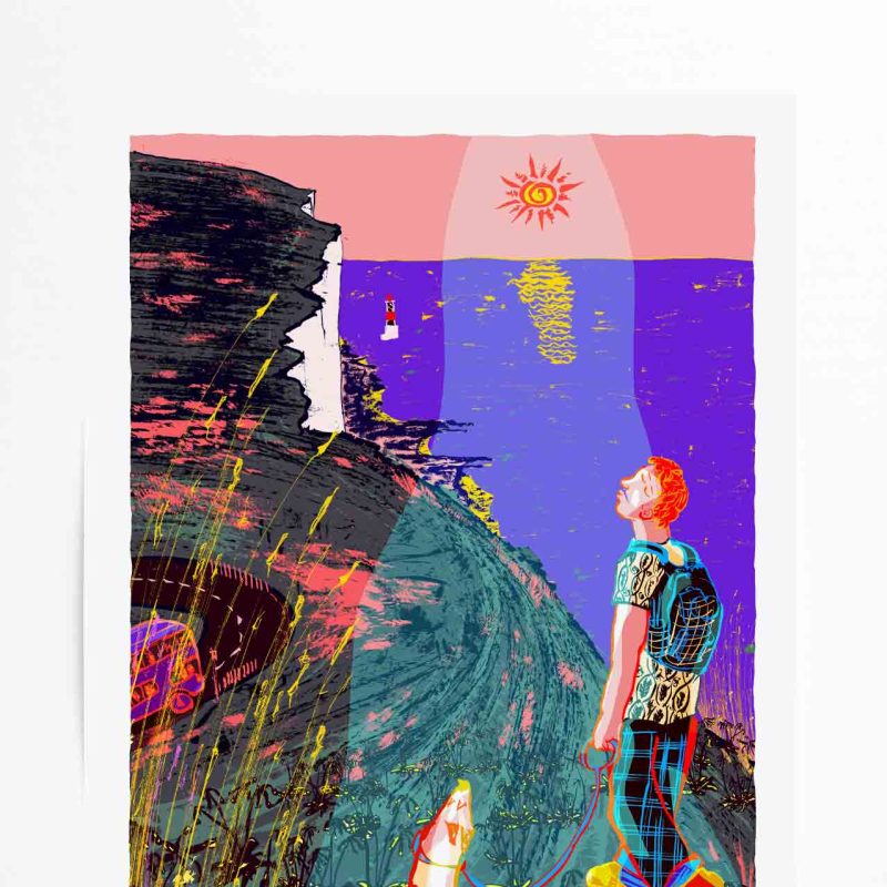 In early spring, the chalk downs near Beachy Head are speckled with cowslips—bright yellow May blooms strewn like gold across the turf. A lone soul walks the clifftop path, with a glad-hearted hound close by. The wind is brisk, the air fresh, and the white edge of land meets the sea below. Sunlight spreads over hill and fold, while the 12 bus rolls along, bearing folk through this true slice of the southern shires—where green heights fall to the blue deep