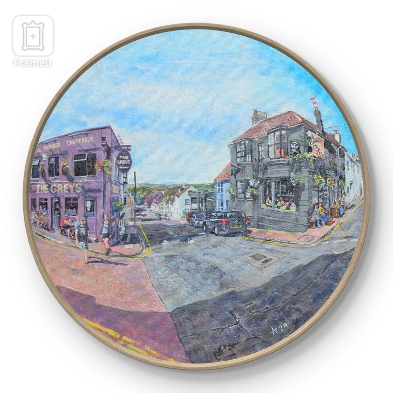 Painting of The Geese & The Greys pubs looking down South over St on a sunny day.