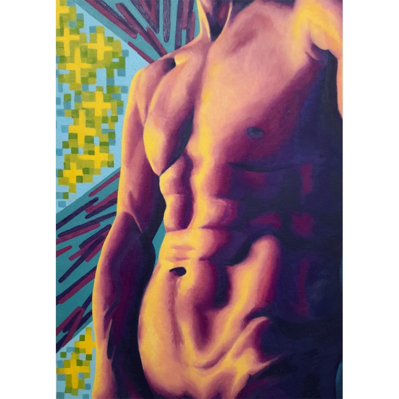 brightly coloured oil painting of a mans torso