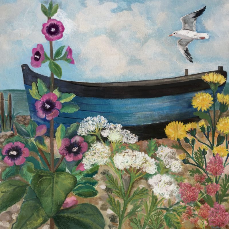 Seaside scene, flowers in foreground and boat in background