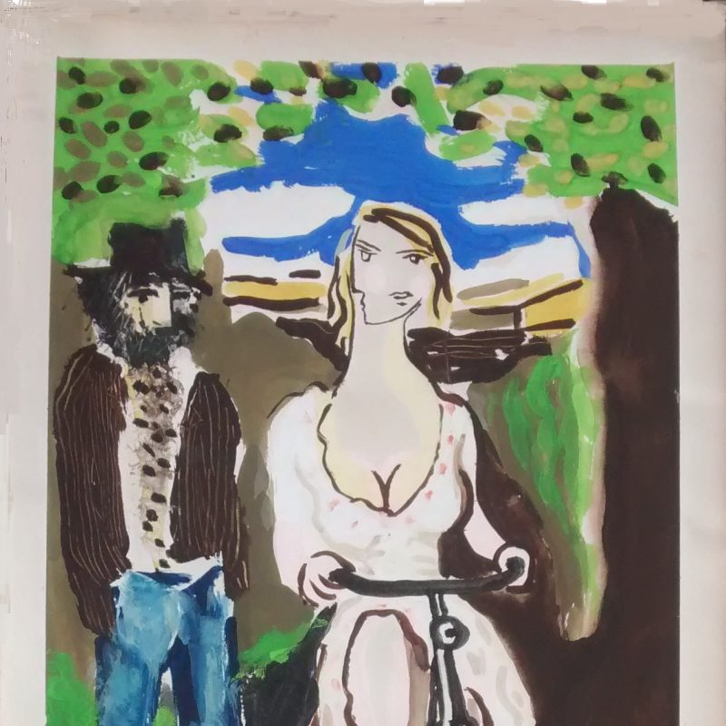 man looking at woman on bicycle