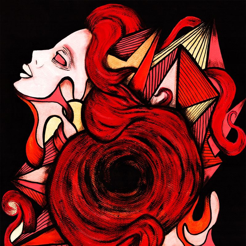 Two heads diagonally opposite around a swirl of red hair on black background