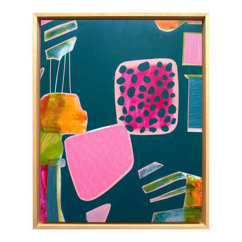 Abstract painting in deep turquoise green with pink, orange and green detail and mark making. Rectangular painting framed in natural wood. 