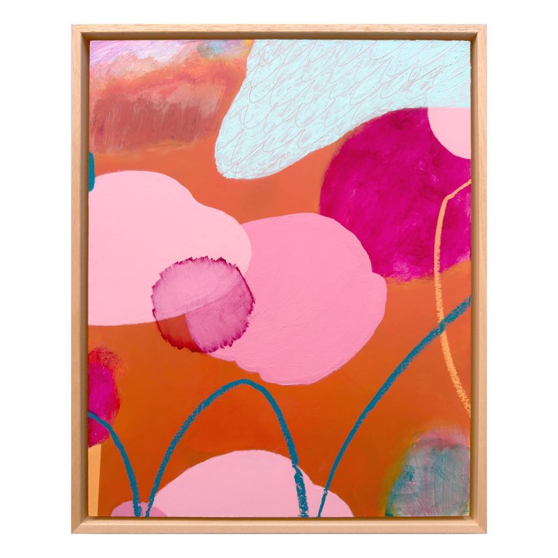 Abstract painting in glowing orange with cloud shaped forms that depict a golden sky and a turquoise curved line depicting sea. Rectangular painting framed in natural wood. 