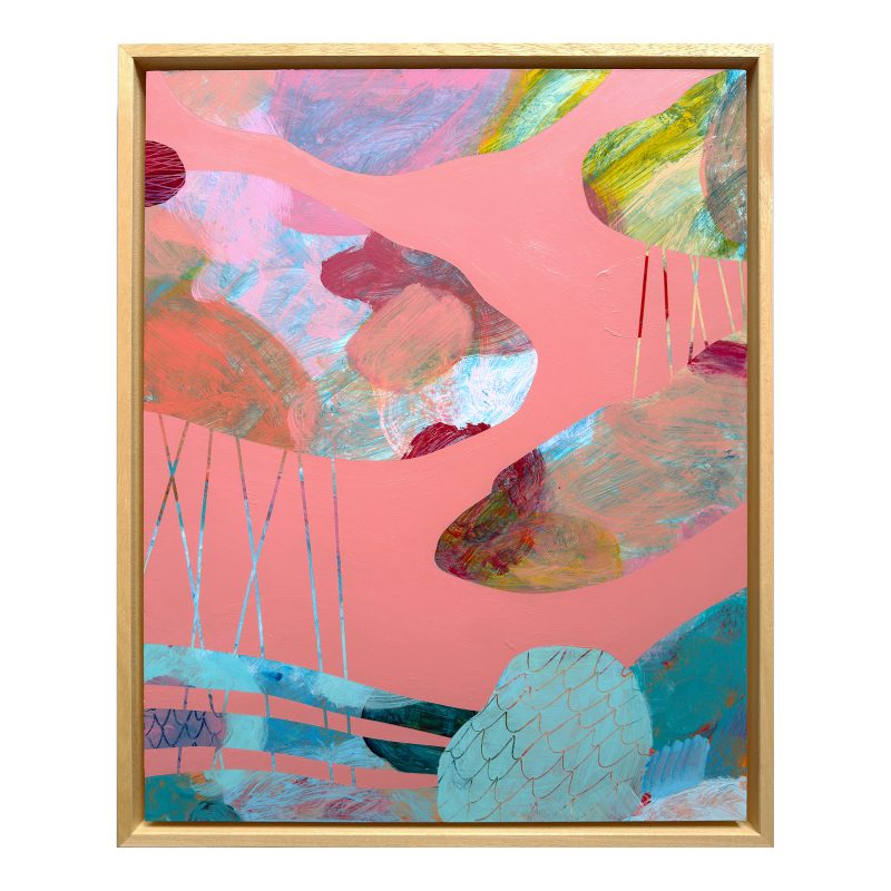 Colourful abstract painting with a dusky pink background depicting sun rays through glowing and translucent cloud forms over sea waves. Rectangular painting framed in natural wood. 