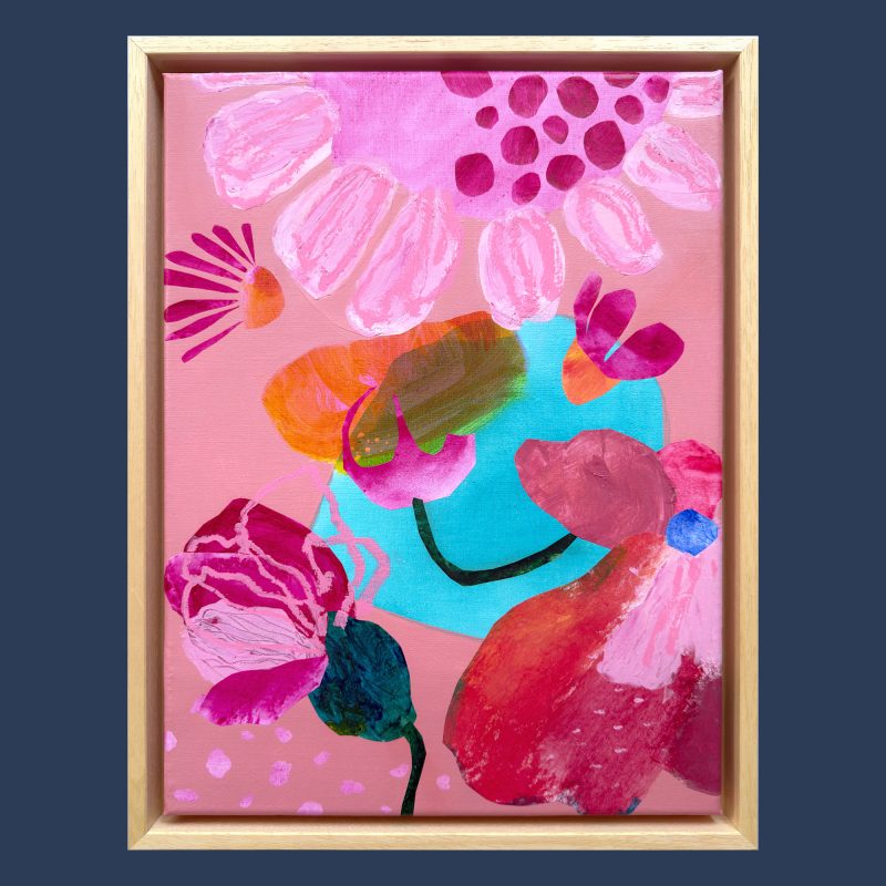 Colourful and joyful semi abstracted floral in dusky deep pink with pink, orange floral forms and a glowing turquoise highlight. Rectangular painting framed in natural wood. 