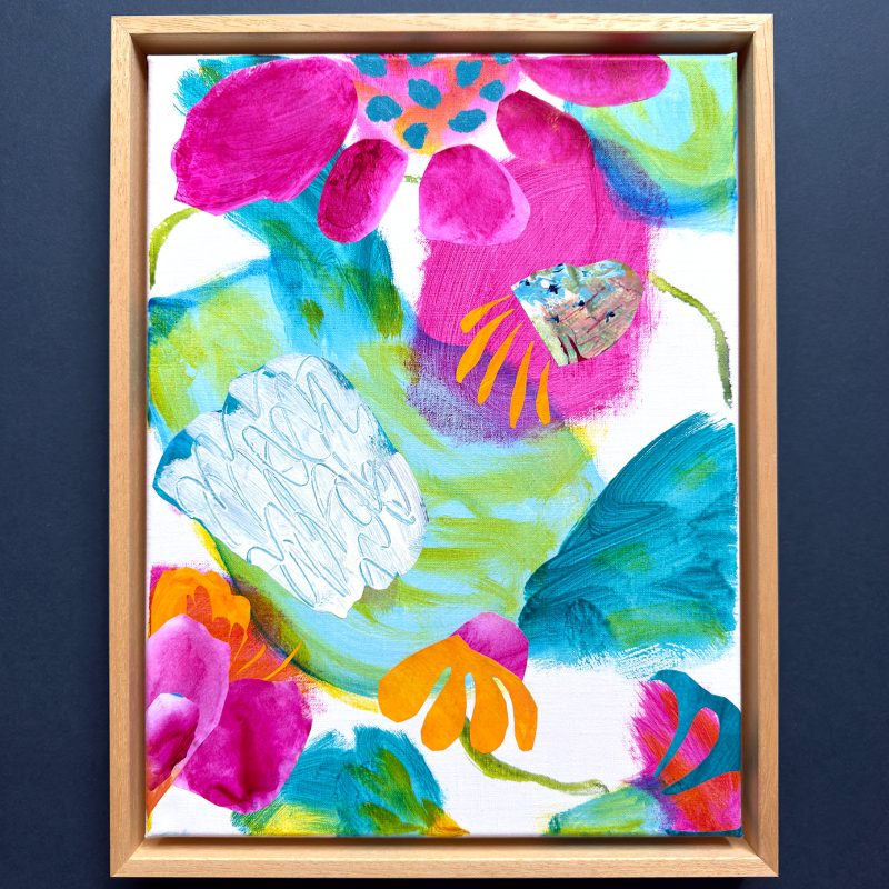 Playful and joyful colourful semi abstracted floral. Rectangular painting with white background and magenta, orange and teal floral forms with turquoise and translucent highlights. Framed in natural wood. 