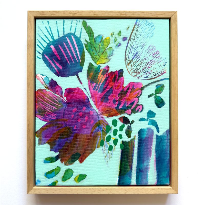 Colourful abstracted floral vase in minty green background. Rectangular painting framed in natural wood. 