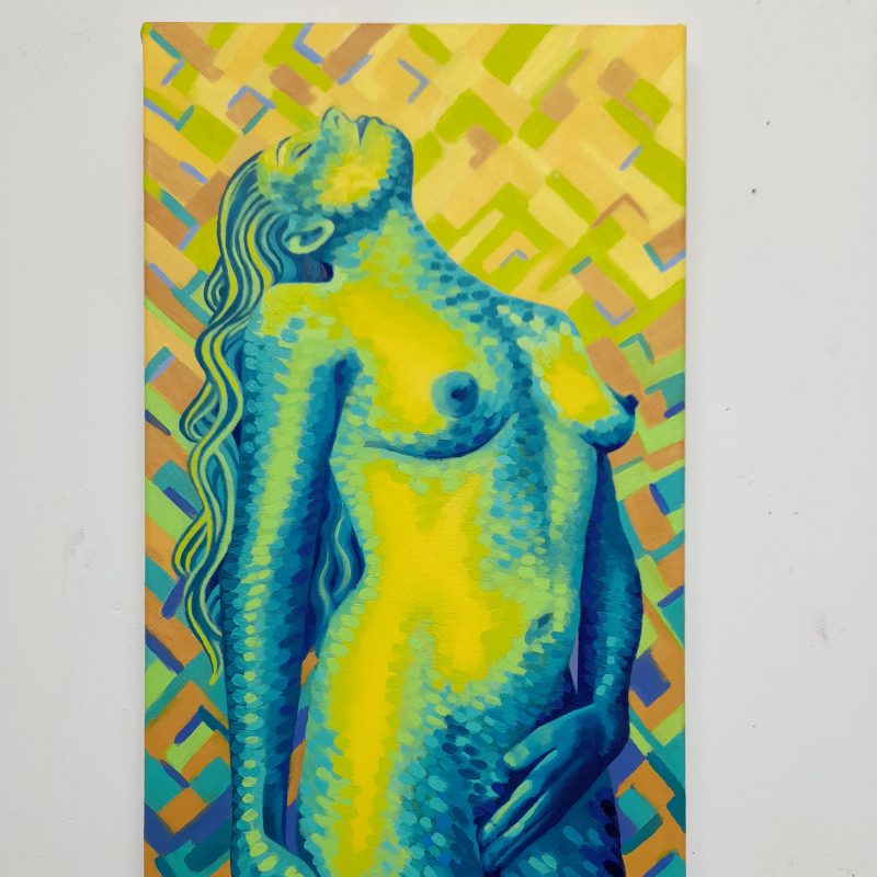 oil painting of a female nude in blue, green and yellow