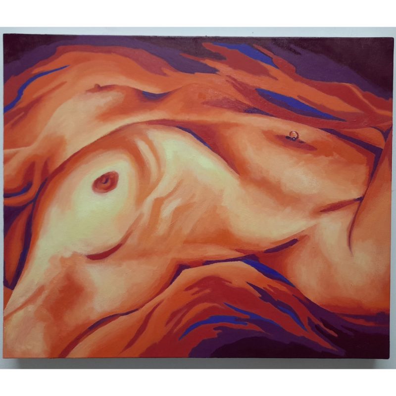 oil painting of female nude surrounded in flames