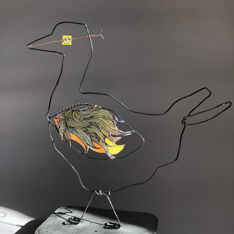 3D Goose -  drawn in steel wire , with added recycled aluminium yellow wing 