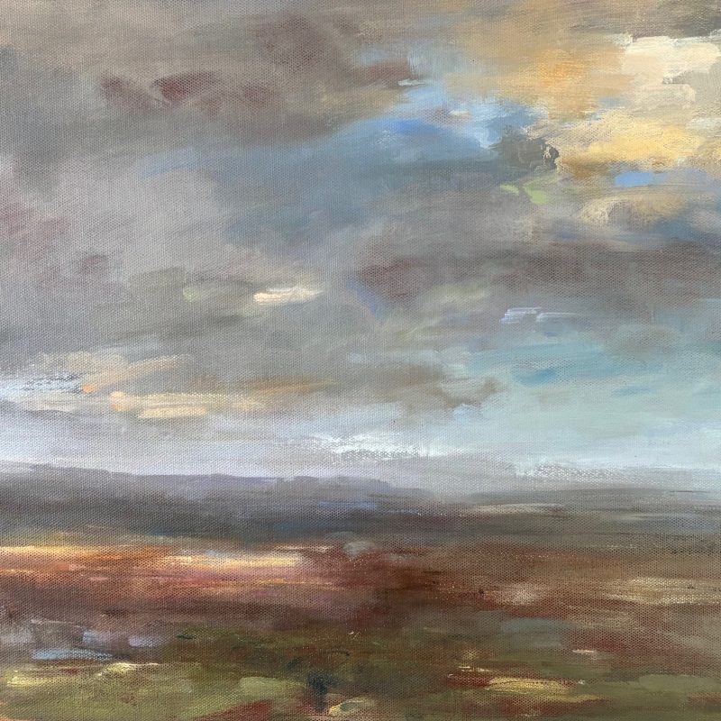 Contemporary landscape with dramatic sky and distant hills.