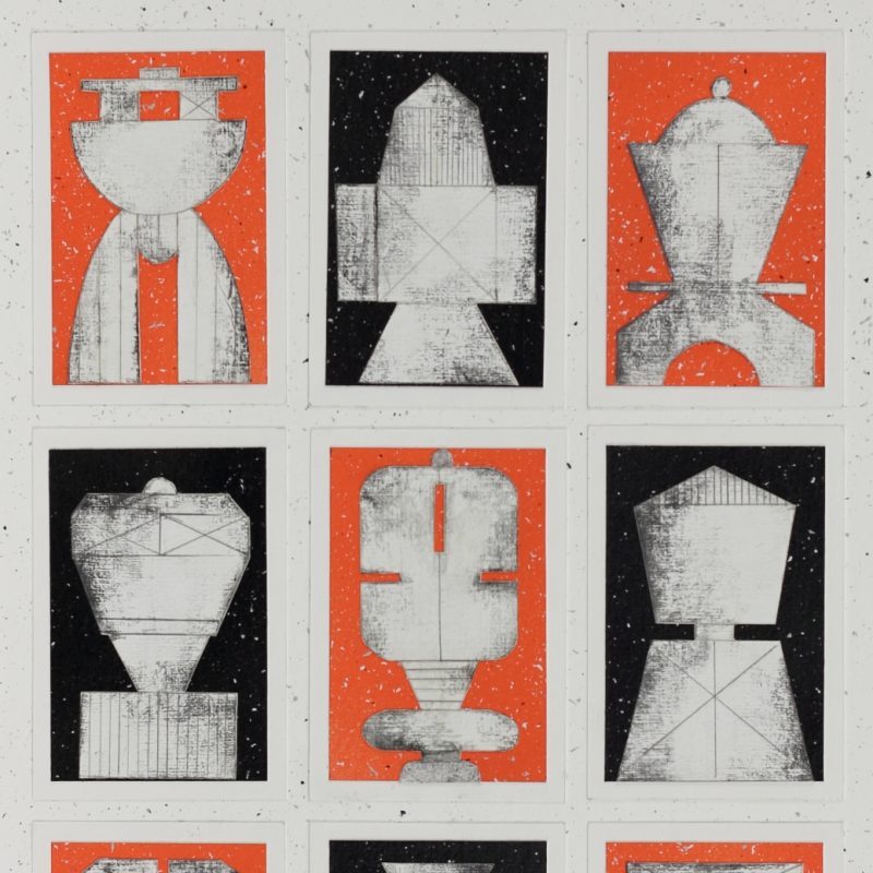 Collage on industrial theme of totemic buildings. Paper, acrylics and frottage with graphite.