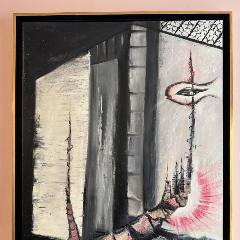 Abstract oil with a helmet split in two at the bottom left of the painting with two horns growing out in segments, the right horn has the appearance of face with a pink sun behind stand a spike growing upwards, piercing what appears to be a floating eye or fish (?). With a columns and walls in the background  