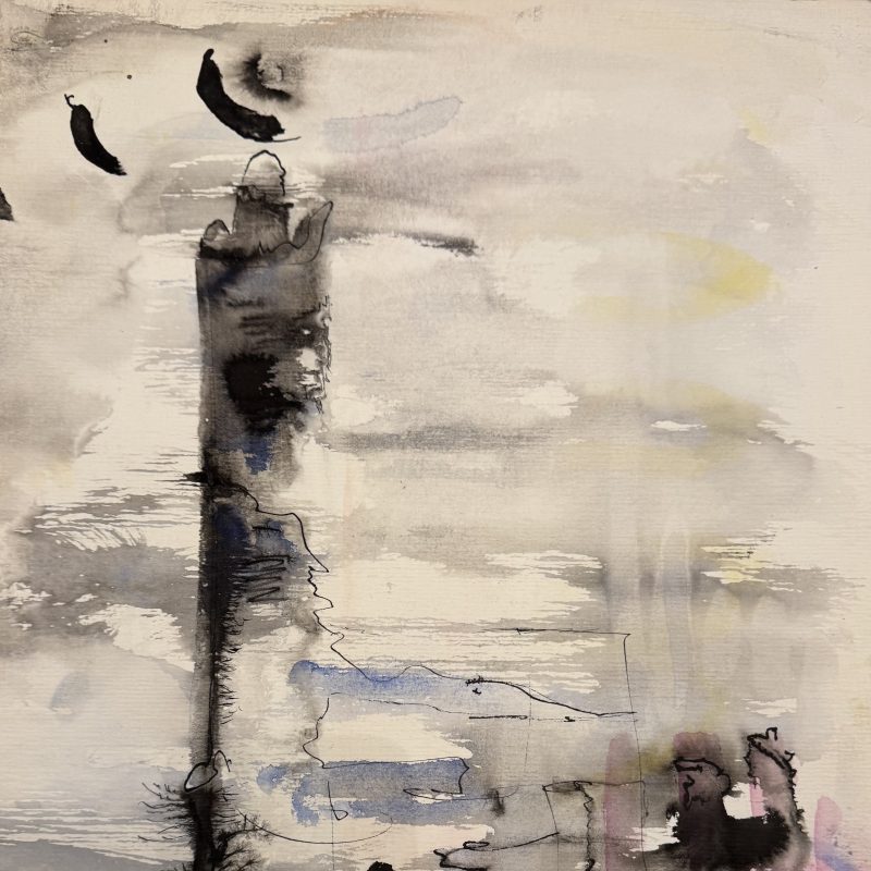 Ink and watercolour abstract - appears to be a tree trunk with clouds and floating seeds/leaves at the top left corner