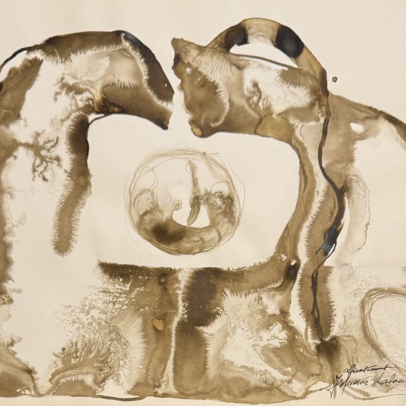 Abstract painting of two anthropomorphic trees confronting each other drawn in sepia ink on a plain background