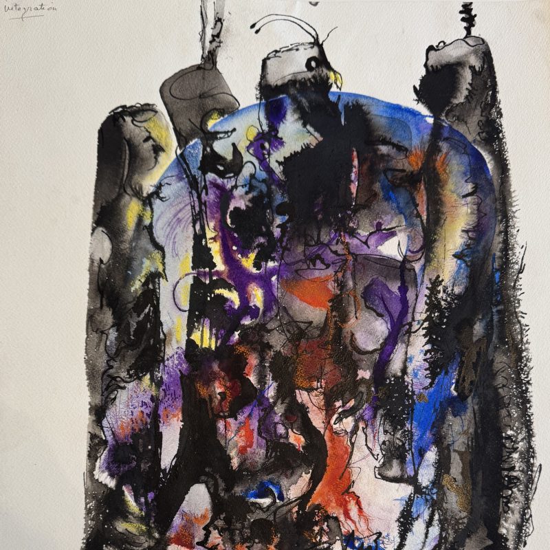 A group of black ink anthropomorphic trees appearing to be in a circle facing each other with a blue and red watercolour wash