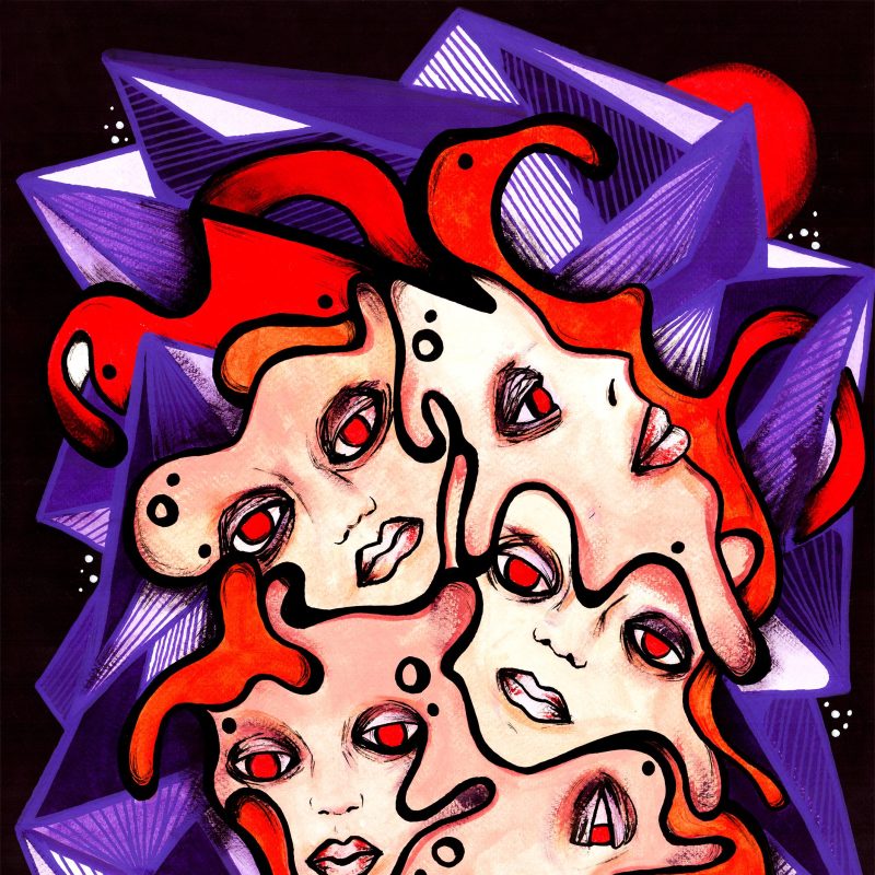 Group of 4 faces with red and purple highlights on a dark background