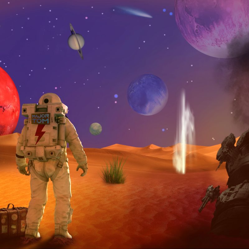 Astronaut outside crashed space capsule viewing surreal orange landscape and purple sky filled with planets and stars.