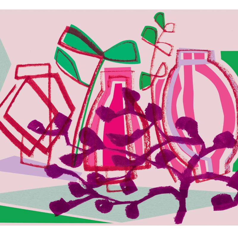 Pink and green print of three vases and foliage.