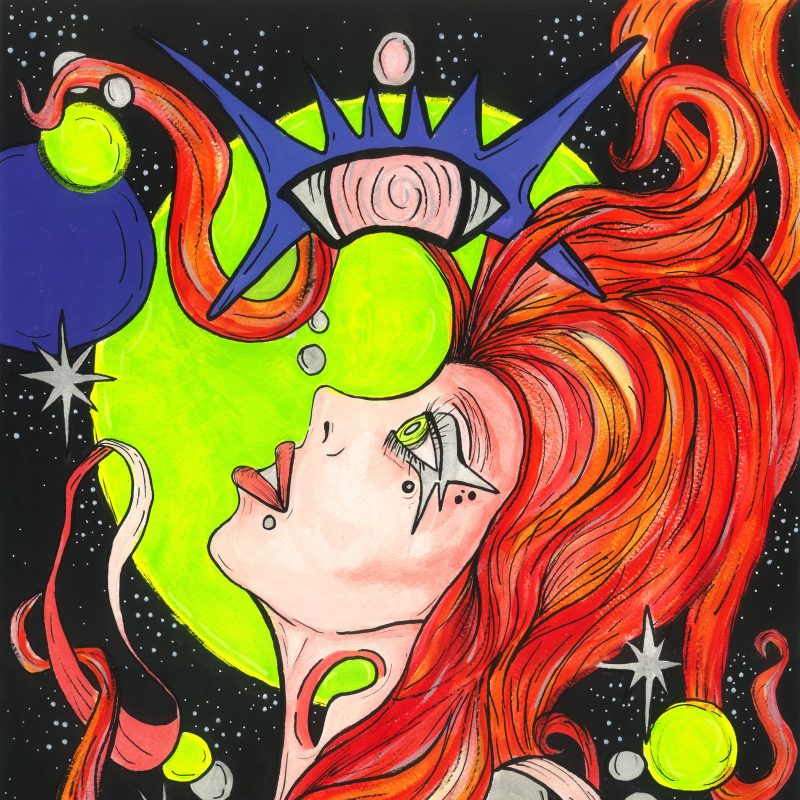 Female head with red hair with yellow and blue features on dark starscape background