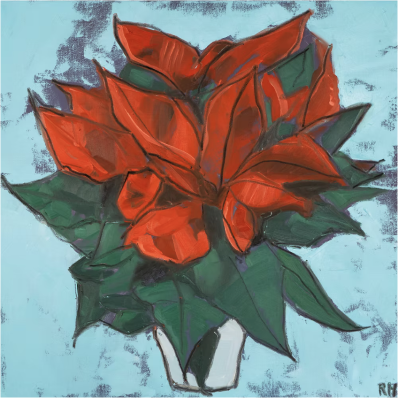 Poinsettia red flower on blue background