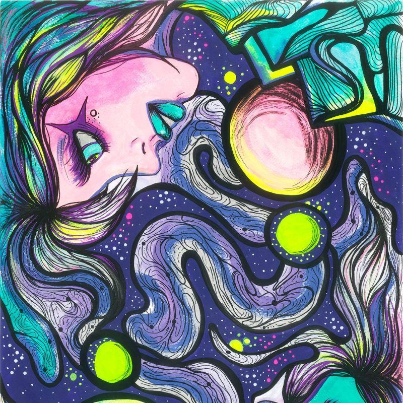 Two faces, pink and light blue, looking at each other, on background purple and yellow.