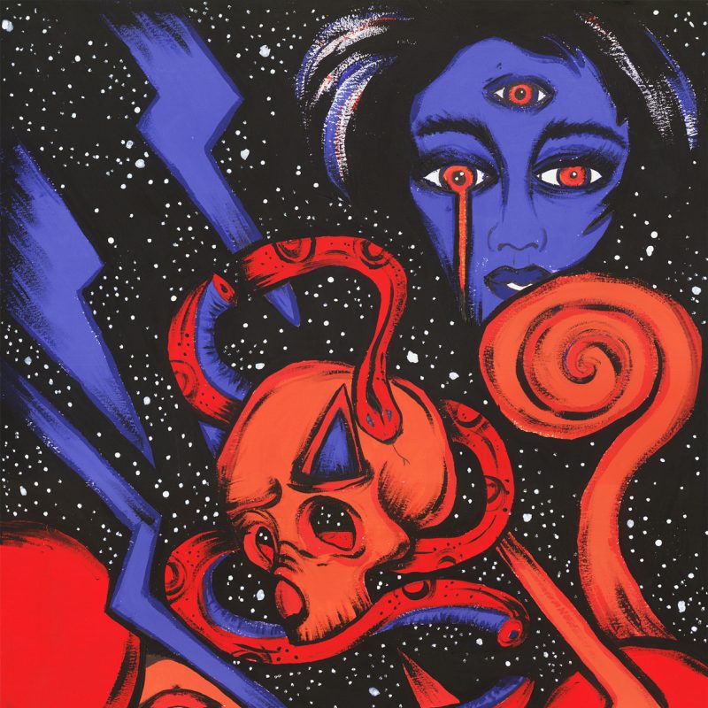 Blue head and red head separated by a red scull on a black skyscape