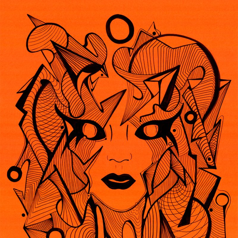 Black line drawing of female face on orange background.