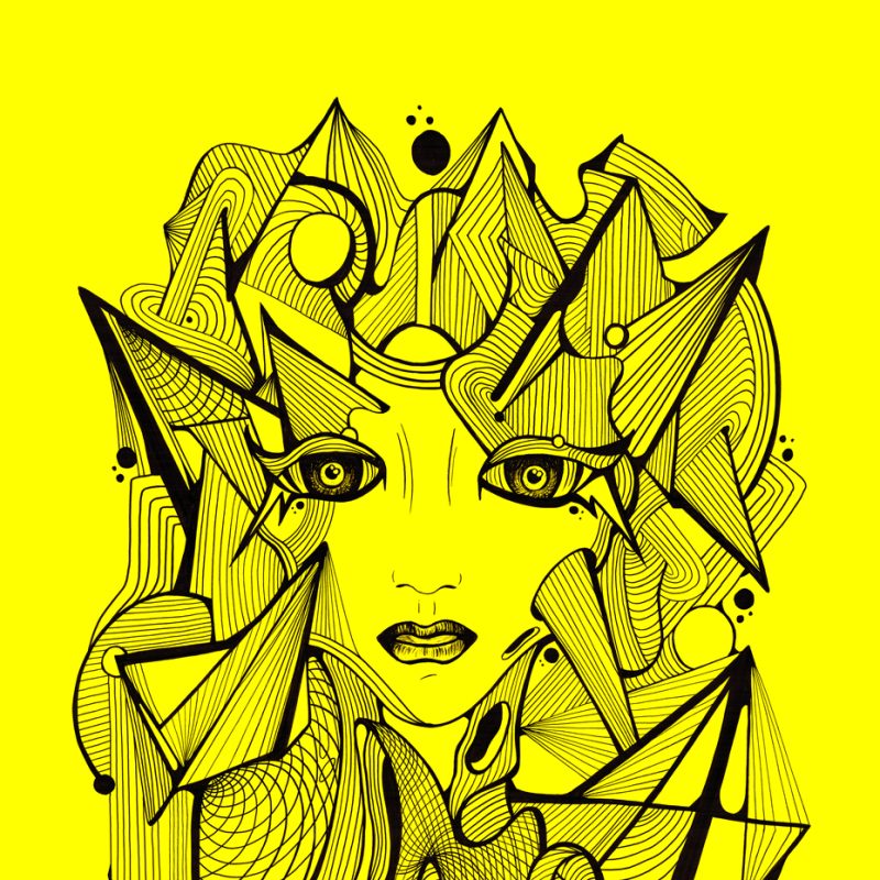 Black line drawing of female face on yellow background.