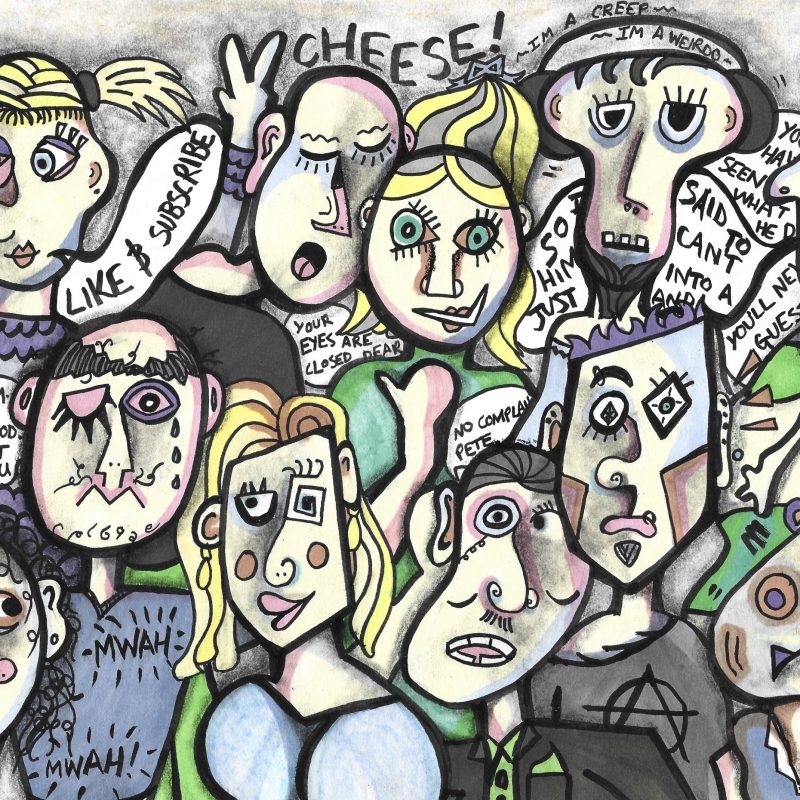 A busy portrait in non-naturalistic style of a group of people, all moving and talking and not looking forwards.. 