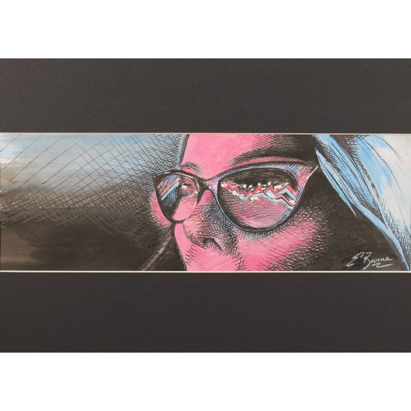 drawing of a portrait of lady with lights reflecting in glasses