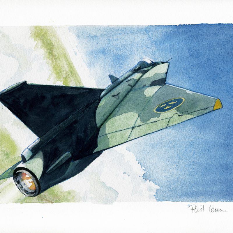 Watercolour of a Saab Viggen jet