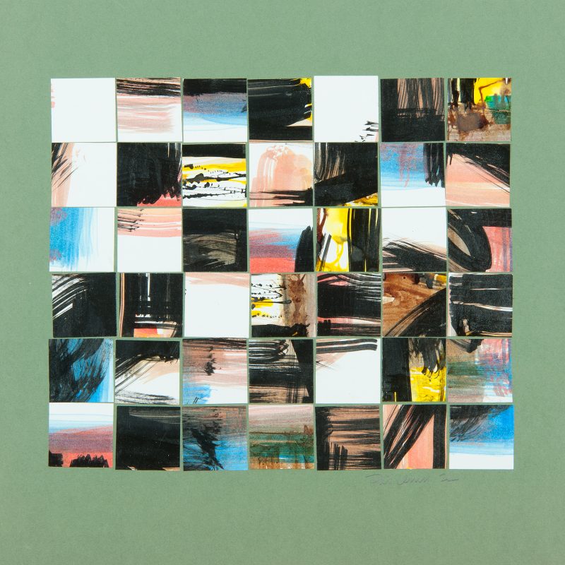 Colourful abstract painting consisting of squares mounted on board