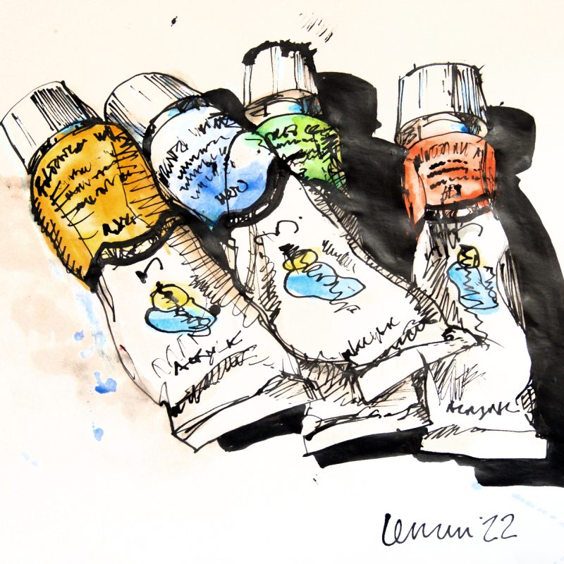 Loose ink and watercolour drawing of tubes of paint