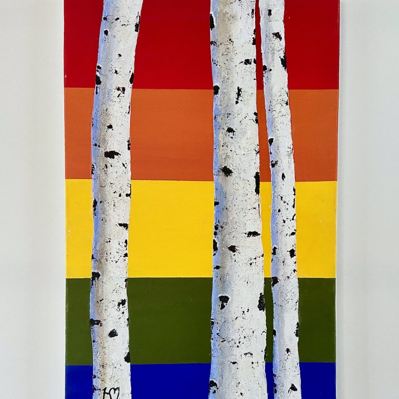 Birch trees against a pride rainbow background