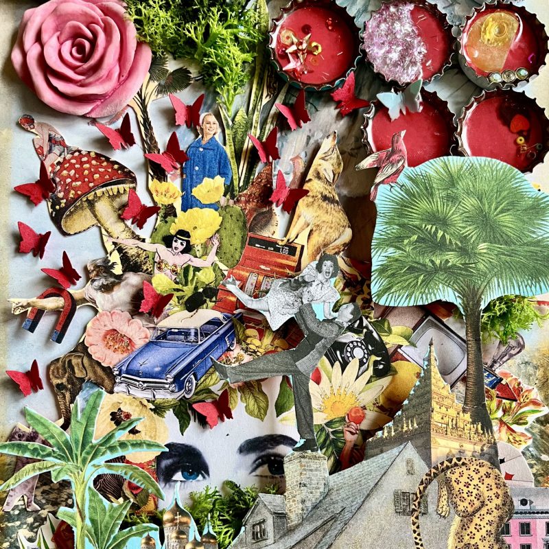 Colourful 3D Collage made using  recycled materials including bottletops